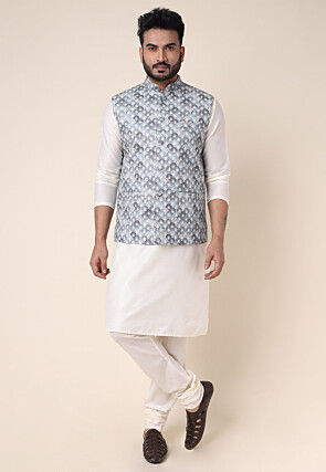 Digital Printed Art Silk Nehru Jacket in Light Grey