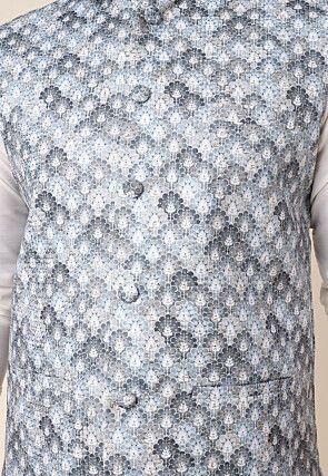 Digital Printed Art Silk Nehru Jacket in Light Grey