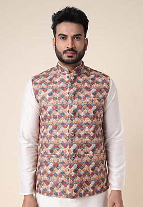 Digital Printed Art Silk Nehru Jacket in Multicolor