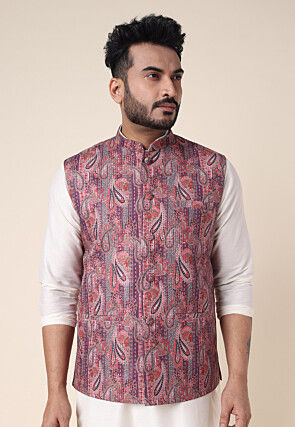 Digital Printed Art Silk Nehru Jacket in Multicolor