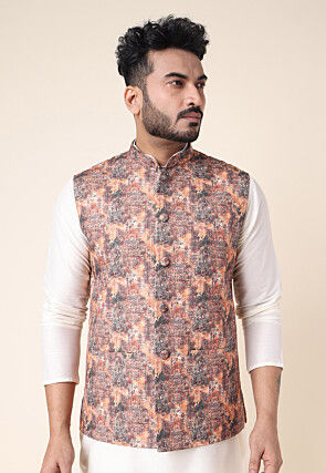 Digital Printed Art Silk Nehru Jacket in Peach