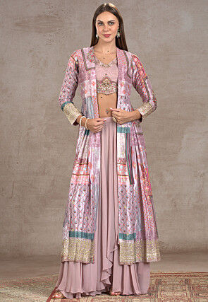 Digital Printed Net Crop Top Set in Old Rose