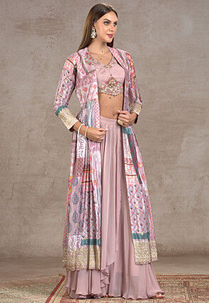 Digital Printed Net Crop Top Set in Old Rose