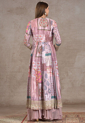 Digital Printed Net Crop Top Set in Old Rose