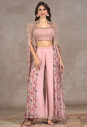 Digital Printed Net Crop Top Set in Pink