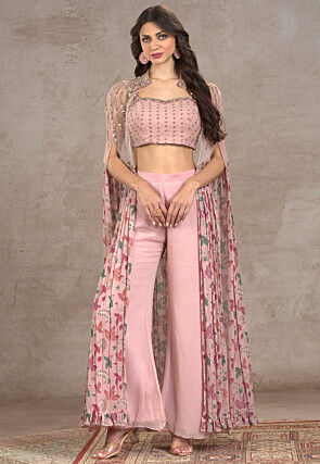 Digital Printed Net Crop Top Set in Pink