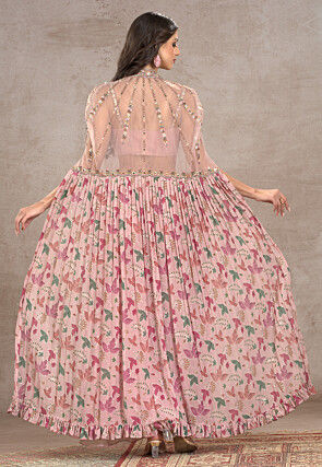 Digital Printed Net Crop Top Set in Pink