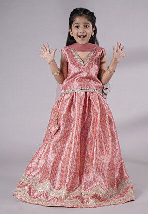 Digital Printed Net Lehenga in Peach
