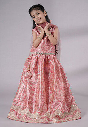 Digital Printed Net Lehenga in Peach