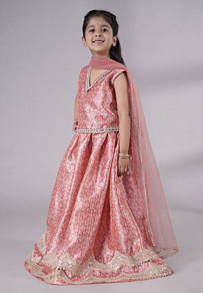 Digital Printed Net Lehenga in Peach
