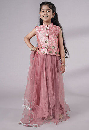Digital Printed Net Lehenga in Peach
