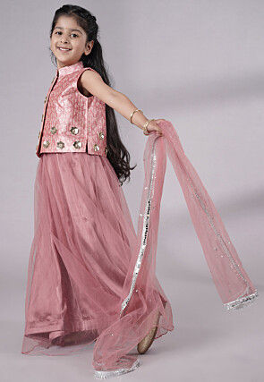 Digital Printed Net Lehenga in Peach