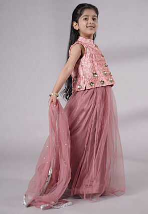 Digital Printed Net Lehenga in Peach