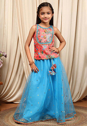 Digital Printed Net Lehenga in Sky Blue