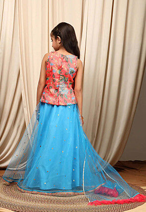 Digital Printed Net Lehenga in Sky Blue