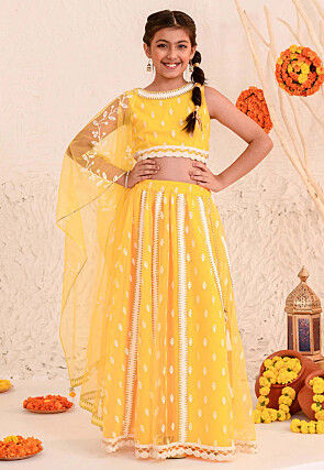 Digital Printed Net Lehenga in Yellow