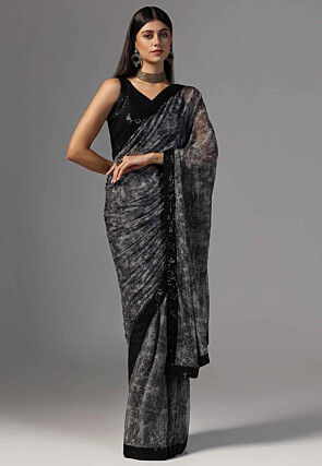 Digital Printed Net Saree in Grey