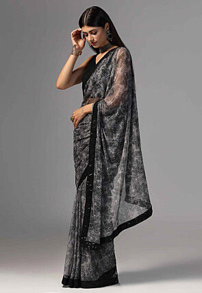 Digital Printed Net Saree in Grey