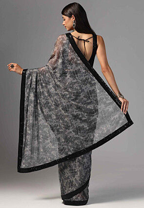 Digital Printed Net Saree in Grey