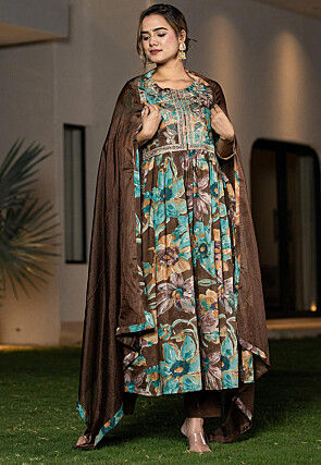 Digital Printed Organic Cotton and Malmal Cotton A Line Suit in Dark Brown