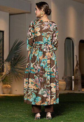 Digital Printed Organic Cotton and Malmal Cotton A Line Suit in Dark Brown