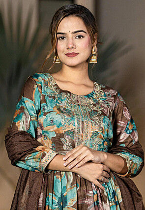 Digital Printed Organic Cotton and Malmal Cotton A Line Suit in Dark Brown