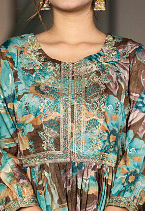 Digital Printed Organic Cotton and Malmal Cotton A Line Suit in Dark Brown