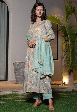 Digital Printed Organic Cotton and Malmal Cotton Punjabi Suit in Grey