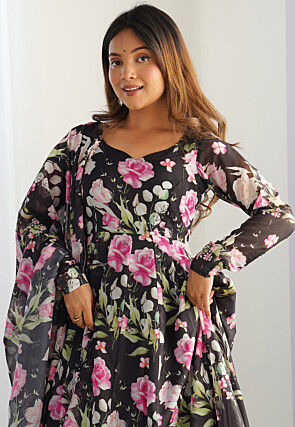 Digital Printed Organza A Line Suit in Black