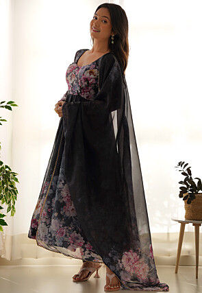 Digital Printed Organza A Line Suit in Black