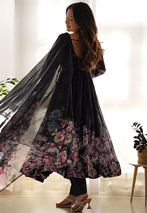 Digital Printed Organza A Line Suit in Black