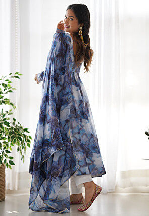 Digital Printed Organza A Line Suit in Blue