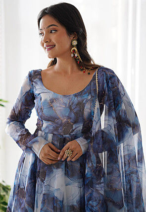 Digital Printed Organza A Line Suit in Blue