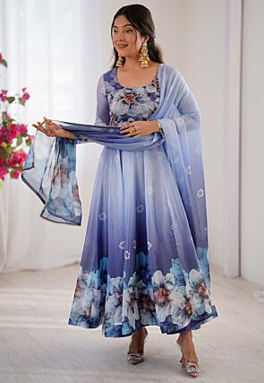 Digital Printed Organza A Line Suit in Blue