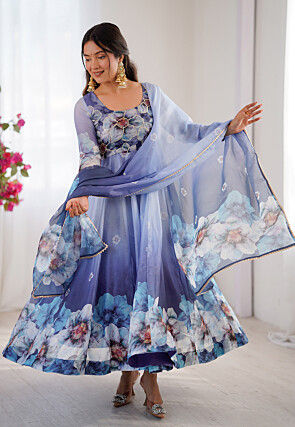 Digital Printed Organza A Line Suit in Blue