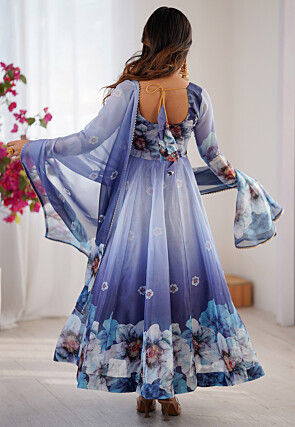 Digital Printed Organza A Line Suit in Blue