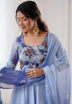 Digital Printed Organza A Line Suit in Blue