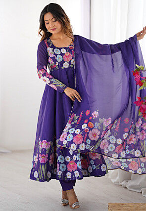 Digital Printed Organza A Line Suit in Blue