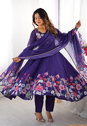 Digital Printed Organza A Line Suit in Blue