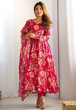 Digital Printed Organza A Line Suit in Fuchsia