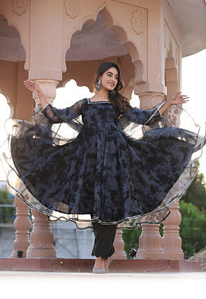 Digital Printed Organza A Line Suit in Grey