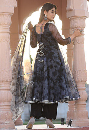 Digital Printed Organza A Line Suit in Grey