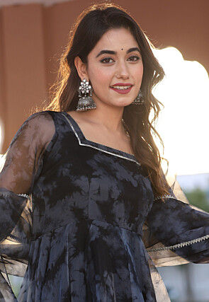 Digital Printed Organza A Line Suit in Grey