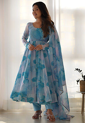 Digital Printed Organza A Line Suit in Light Blue