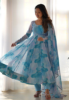 Digital Printed Organza A Line Suit in Light Blue