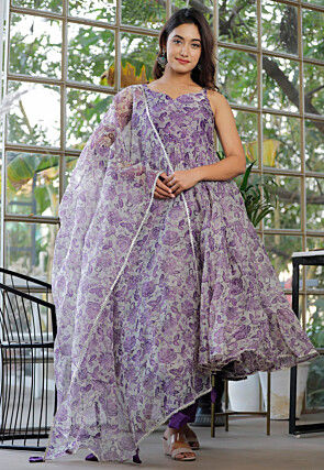 Digital Printed Organza A Line Suit in Light Purple