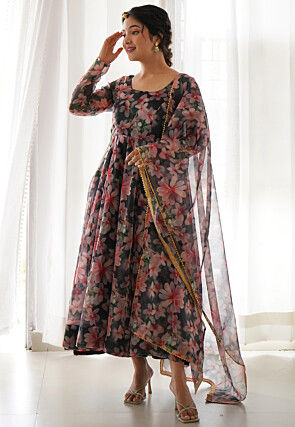 Digital Printed Organza A Line Suit in Multicolor