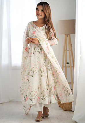 Digital Printed Organza A Line Suit in Off White