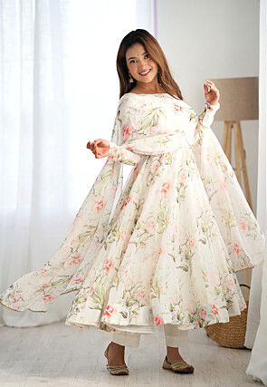 Digital Printed Organza A Line Suit in Off White