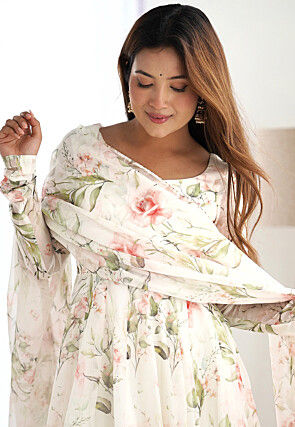 Digital Printed Organza A Line Suit in Off White